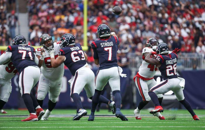 Texans quarterback C.J. Stroud (7) attempts a pass during the game against the Tampa Bay Buccaneers at NRG Stadium.
